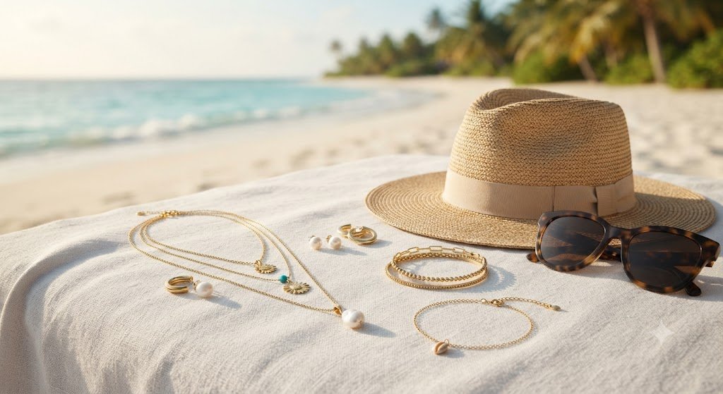 Jewelry and sunglasses laid out on a beach towel