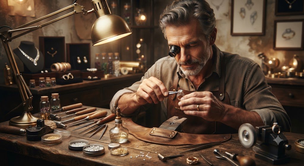 Jeweler examining a piece at a workbench
