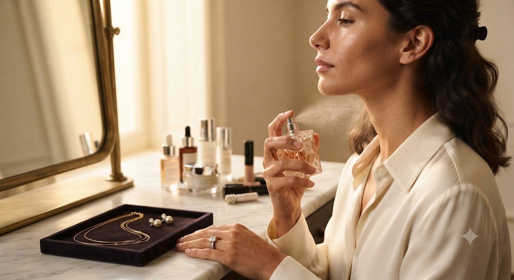 Woman putting on jewelry at a vanity mirror