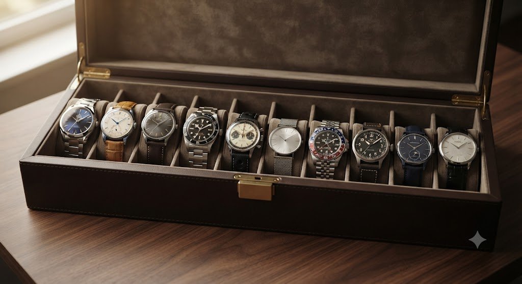 Several watches displayed in a storage box