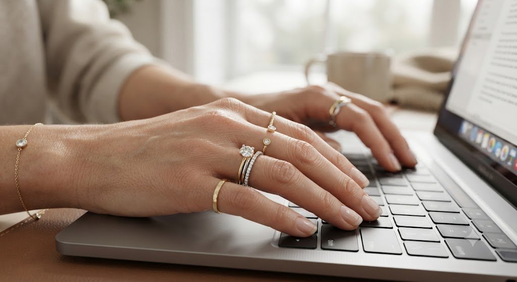 Hands wearing rings while typing on a laptop