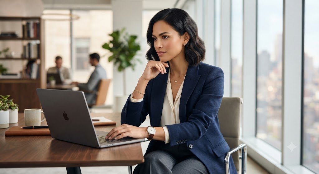 Woman working at a desk while wearing jewelry