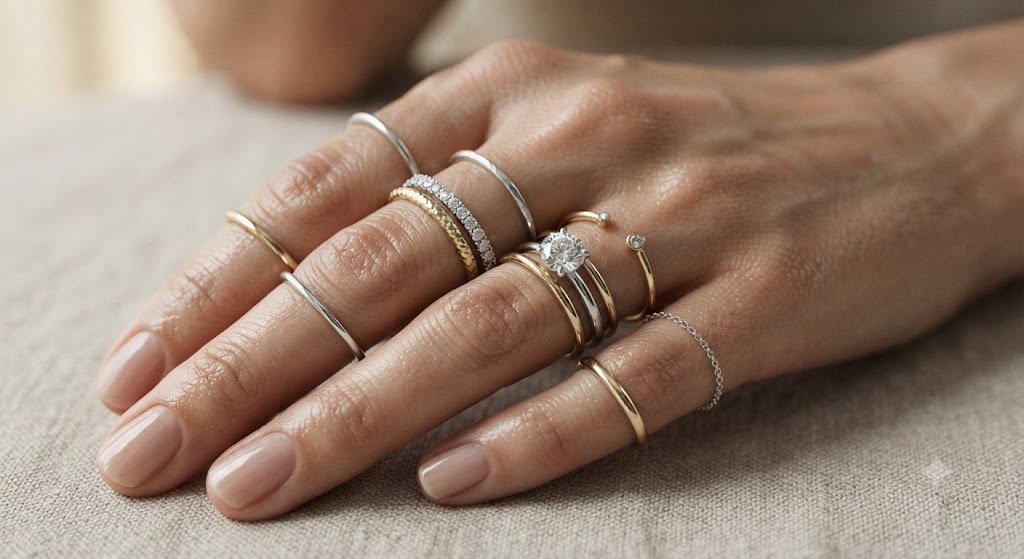 Hand wearing several stacked rings