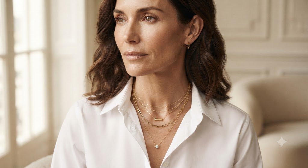 Woman wearing a delicate layered necklace