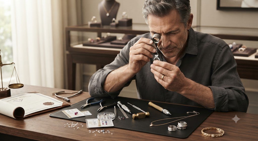 Jeweler examining a piece of jewelry at a workbench