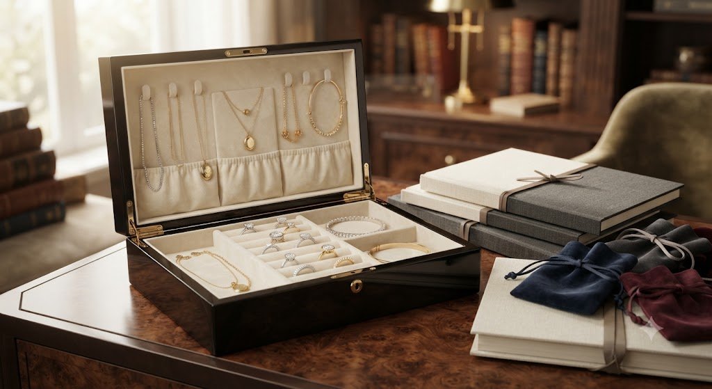 Open jewelry box with rings and pieces displayed on a desk