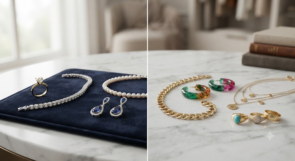 Fine jewelry with colored gemstones displayed on a velvet tray