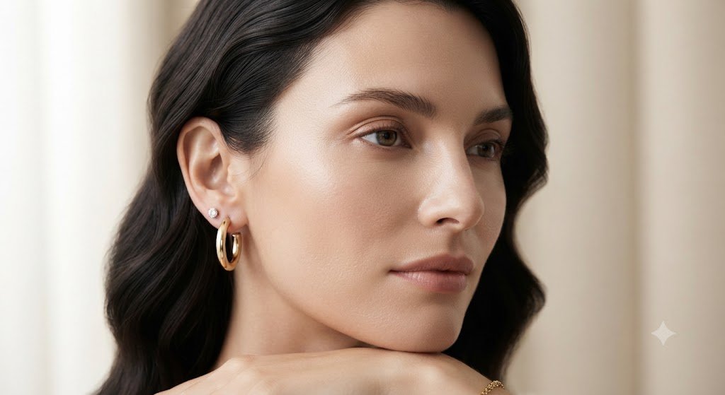 Woman wearing a stud earring, profile view