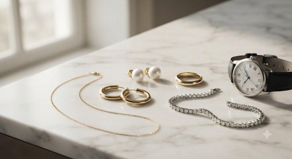 Assorted gold jewelry pieces laid out on marble