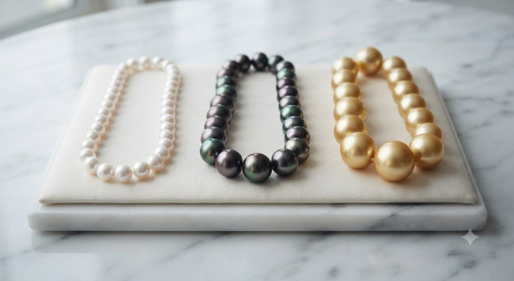 White and dark pearl necklaces laid out together