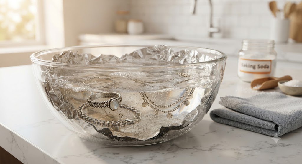 Silver bowl beside a polishing cloth