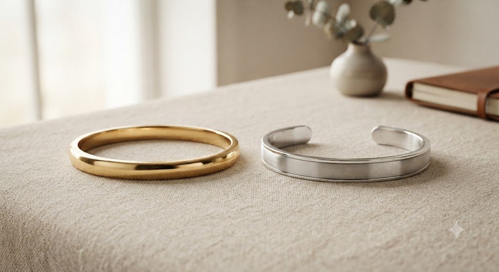 Gold and silver-tone bangles side by side