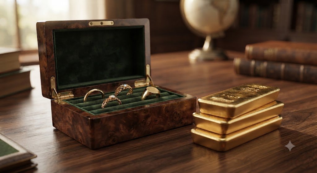Open wooden jewelry box with a necklace inside, beside a globe