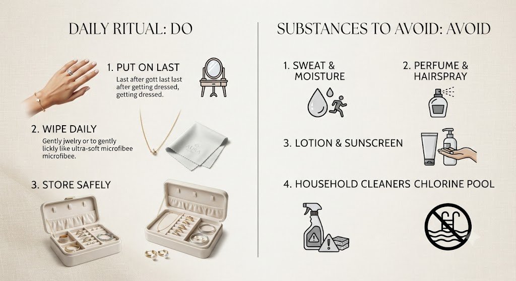 Infographic with daily care dos and don’ts for jewelry