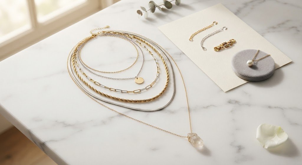 Several necklaces of different lengths laid out