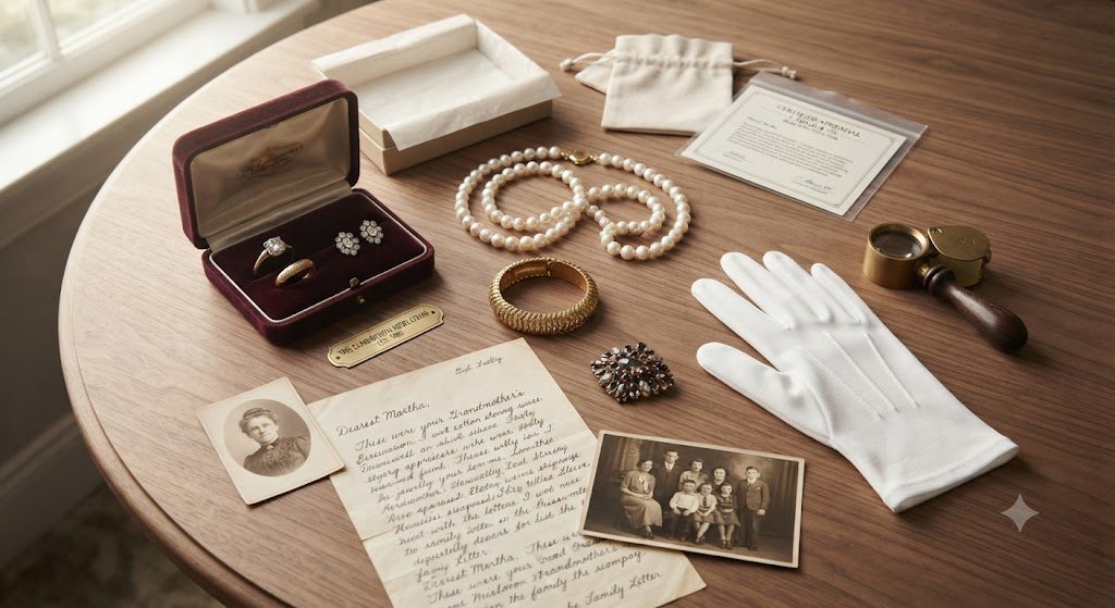Jewelry box with heirloom pieces, gloves, and an old photo
