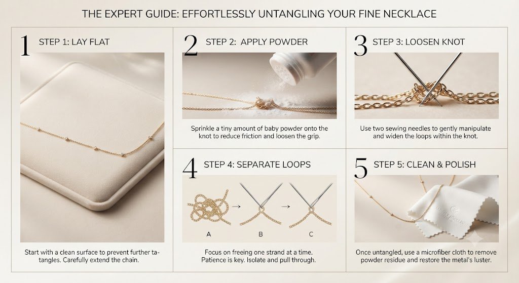 Infographic with steps for untangling a necklace