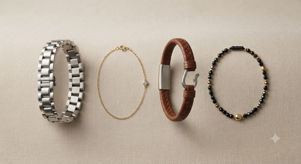 Three different bracelet styles laid out together