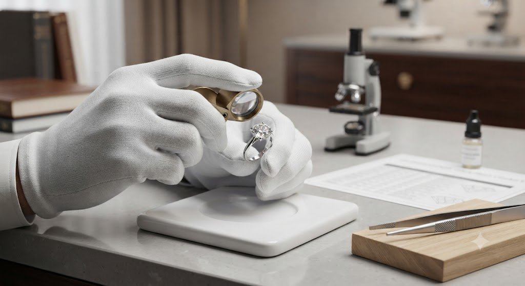 Gloved hands examining a piece of jewelry in a lab setting