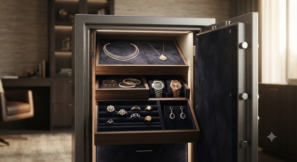 Open safe containing jewelry boxes