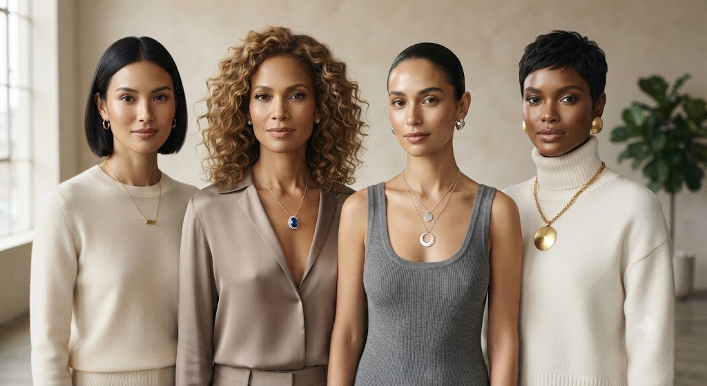 Group of women wearing layered necklaces