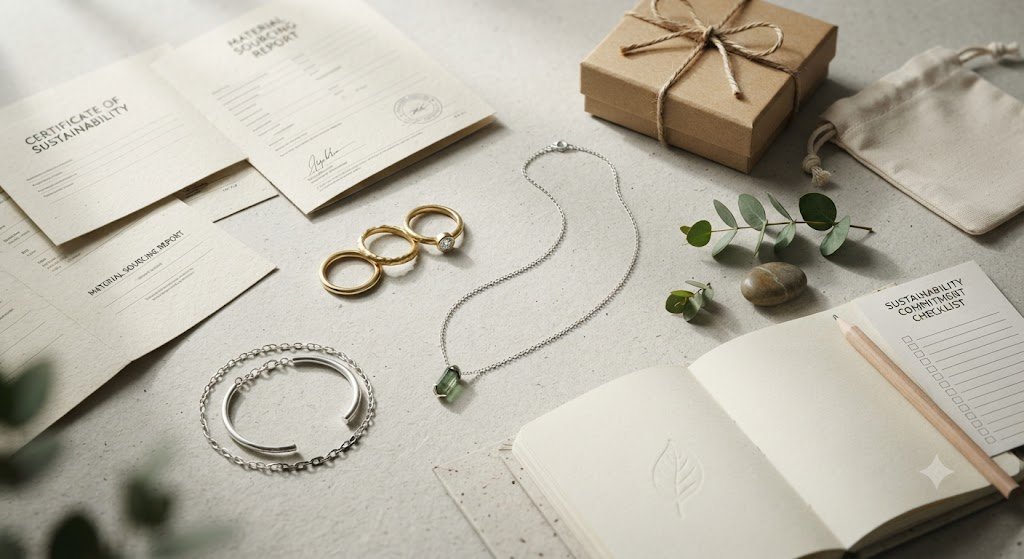 Jewelry displayed on an open journal beside a gift box