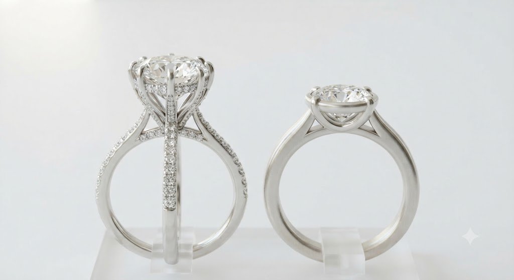 Two rings featuring round clear gemstones