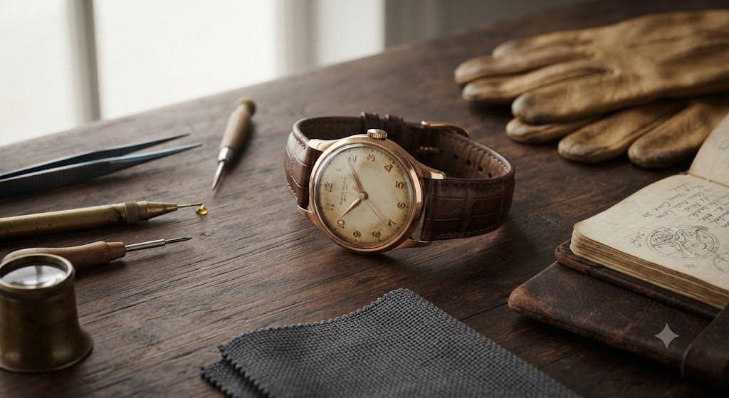Vintage watch displayed on a wooden desk with gloves