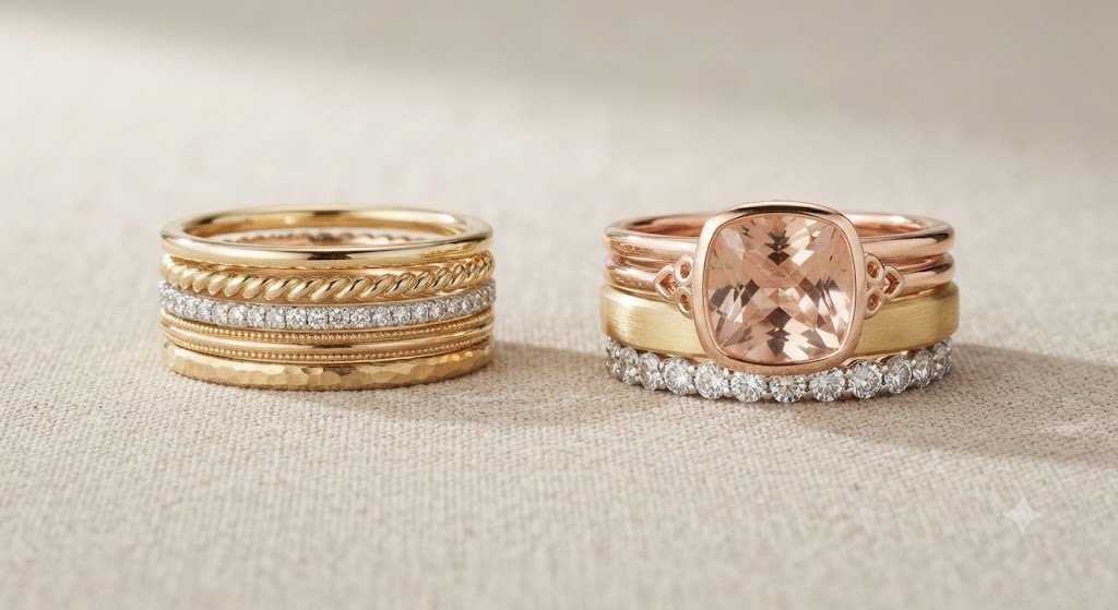 Stacked gold rings beside a rose gold ring with a gemstone