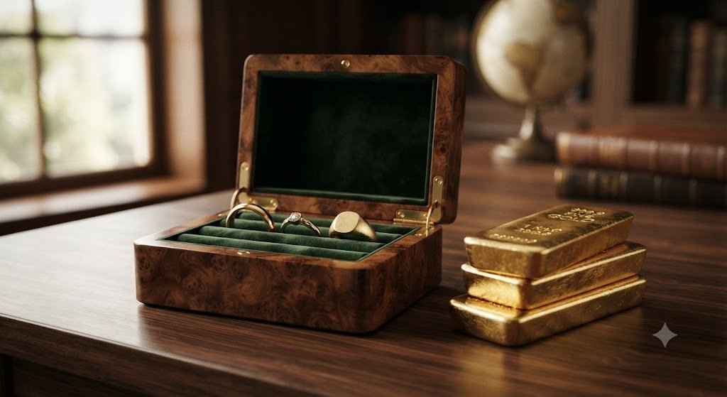Open wooden jewelry box resting on a stack of books