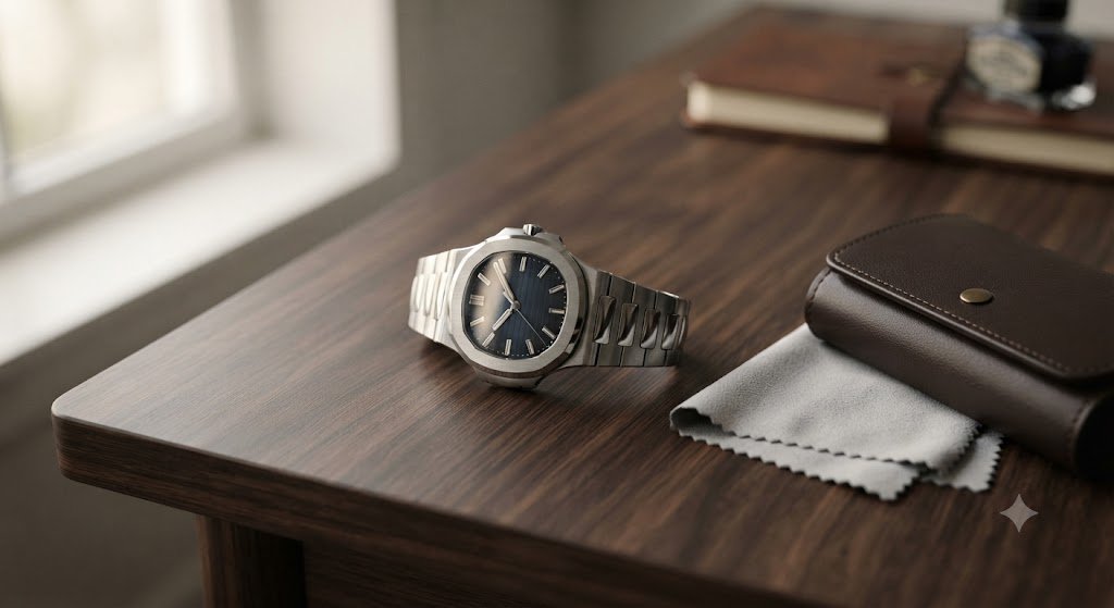 Watch resting on a wooden desk with papers