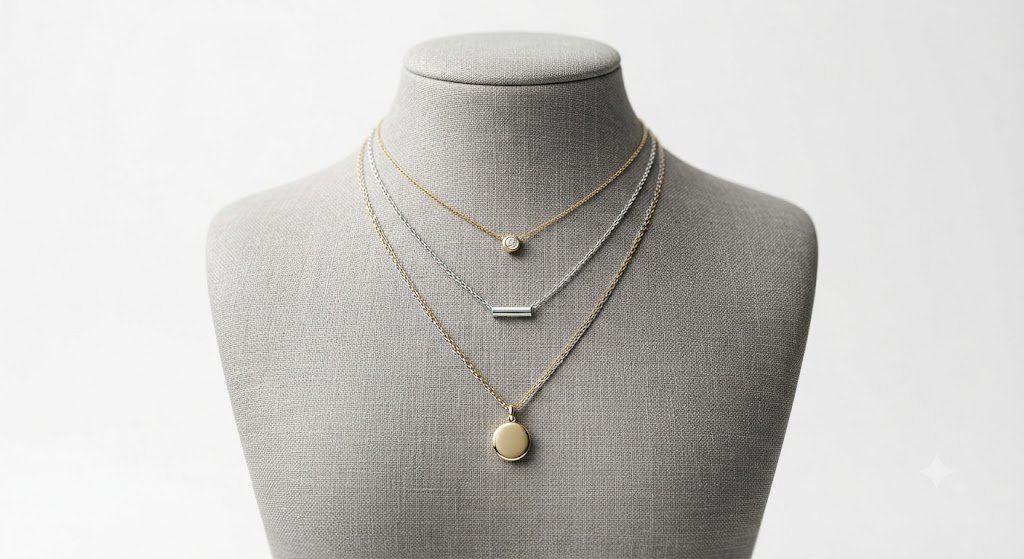 Layered gold necklaces displayed on a mannequin