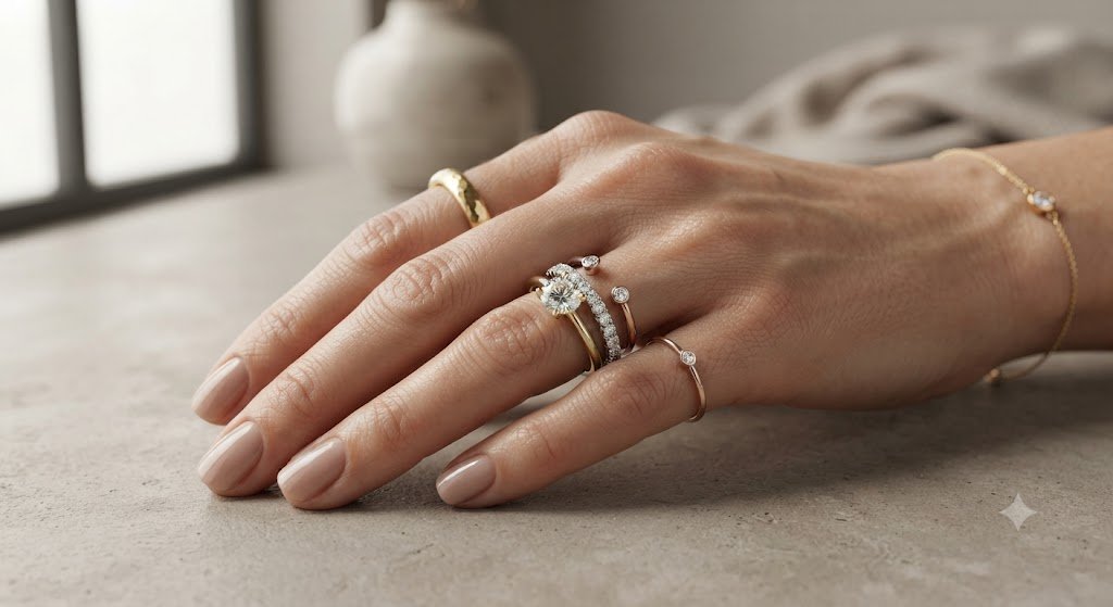 Close-up of a hand wearing multiple stacked rings