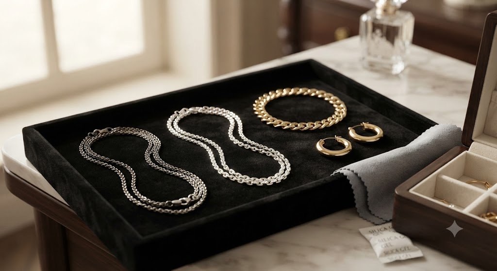 Assorted necklaces and rings laid out in a tray