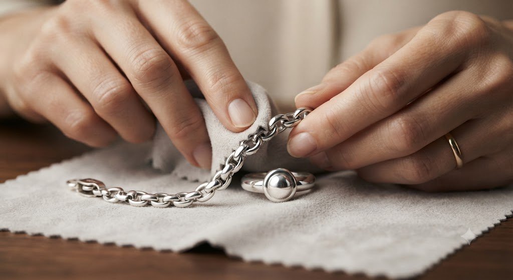 Cleaning a silver bracelet with a cloth