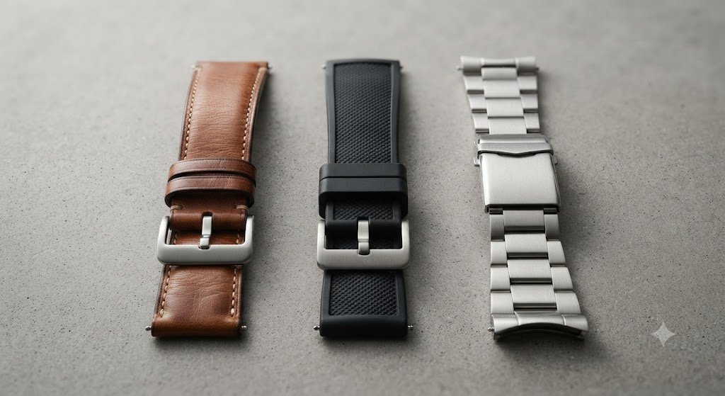 Brown and black leather watch straps side by side