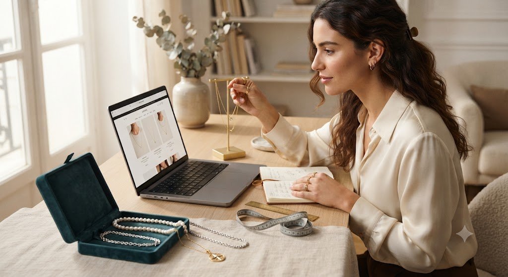 Woman sorting jewelry beside a laptop