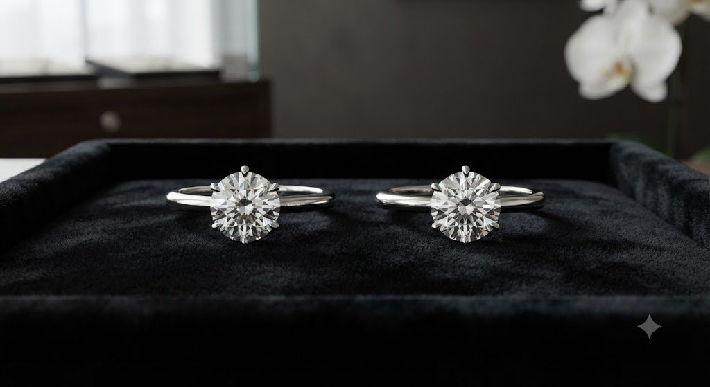 Close-up of two diamond stud earrings on velvet