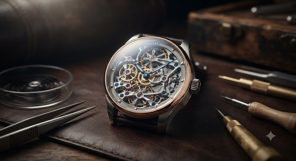 Close-up of a skeleton watch movement