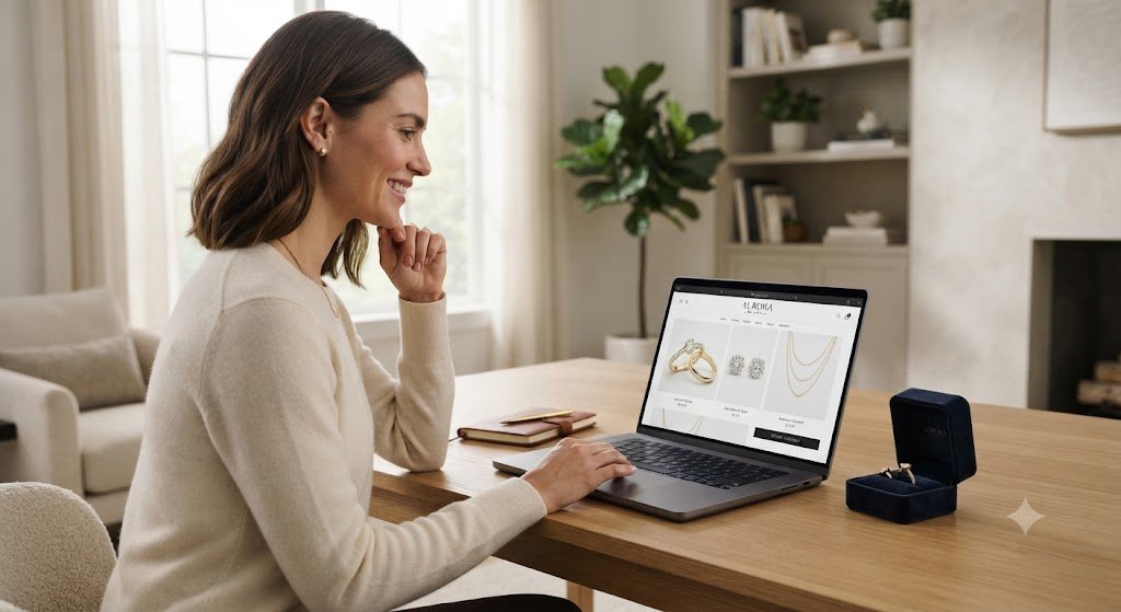 Woman shopping for jewelry online on a laptop