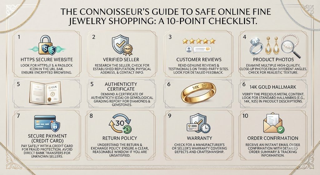 Infographic with a checklist for safe online fine jewelry shopping