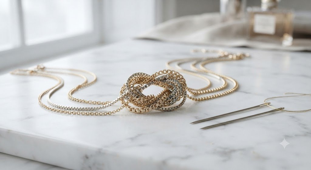 Tangled gold chain necklace on a marble surface