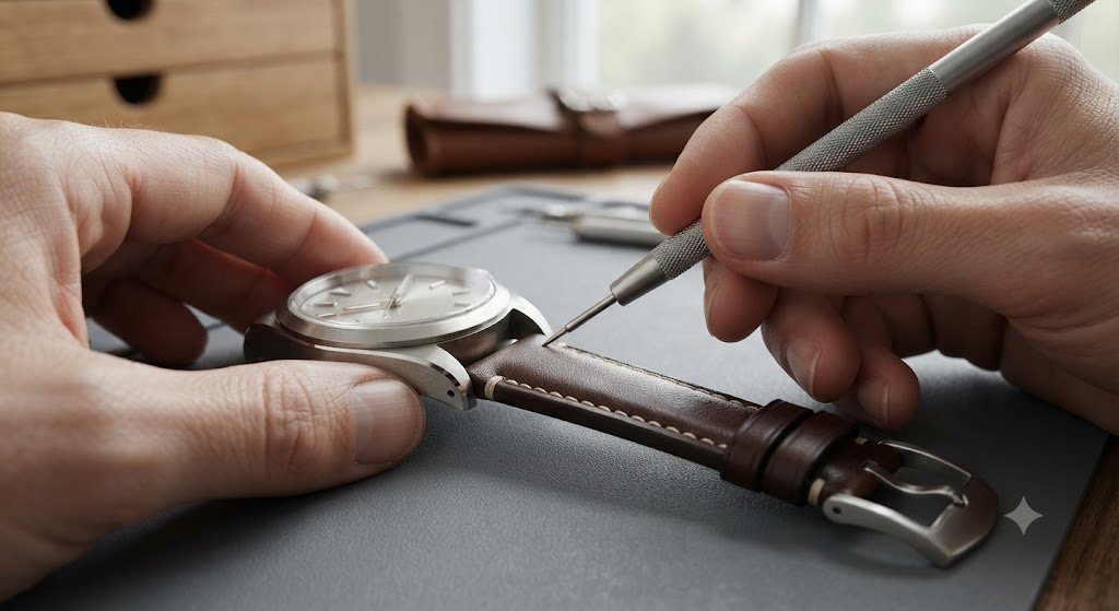 Measuring a watch strap with a tool