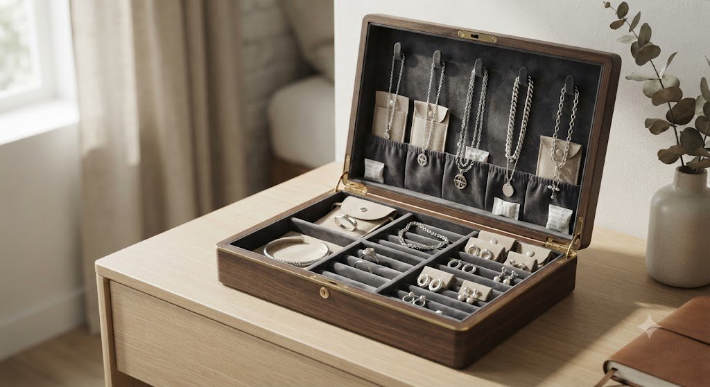 Open jewelry box with rings on a vanity