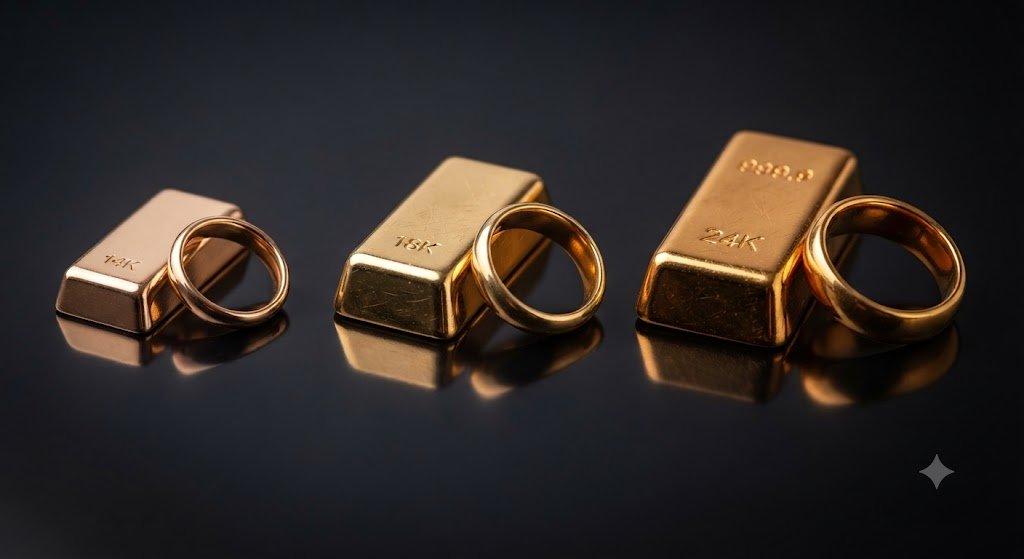 Gold rings and a gold bar arranged together