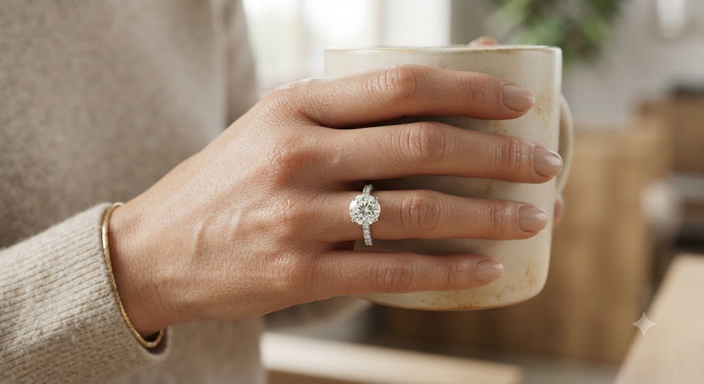Hand holding a mug while wearing a ring