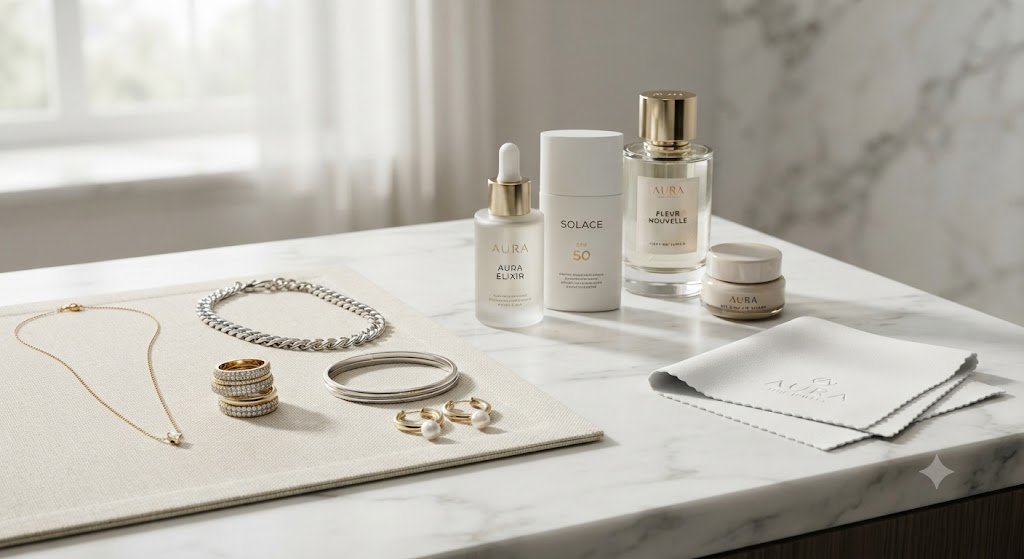 Jewelry and skincare products on a marble vanity
