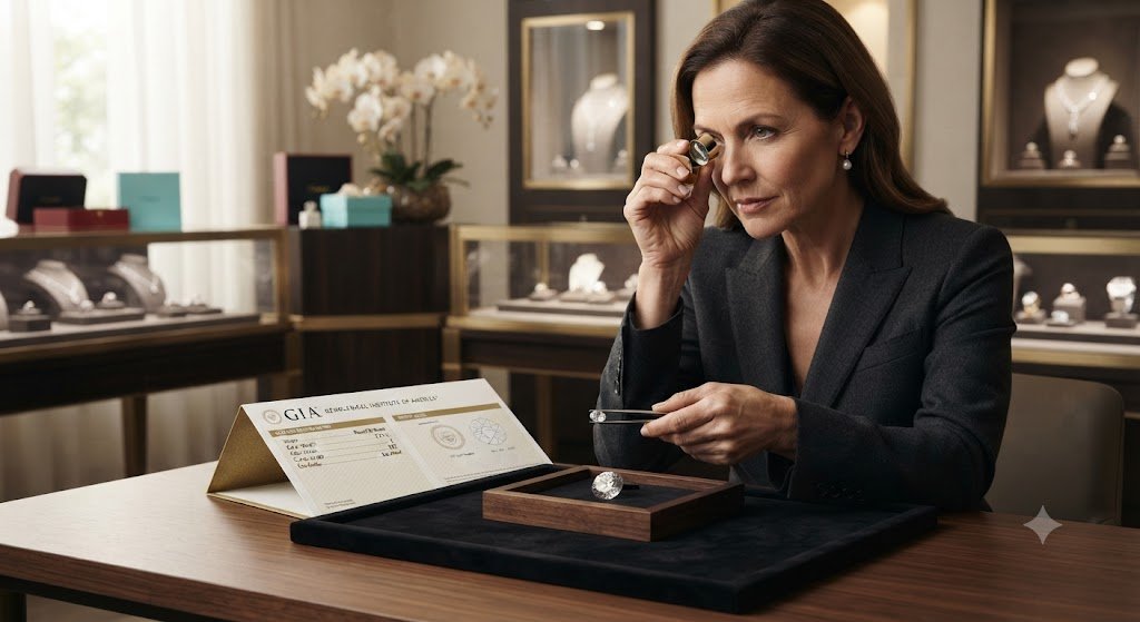 Woman examining a diamond with a loupe