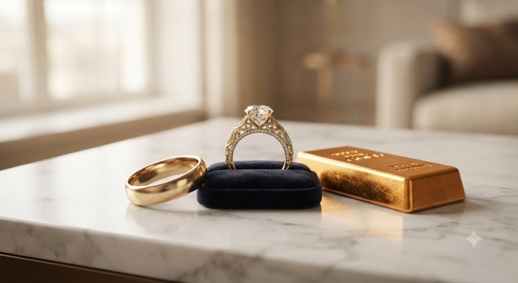 Ring in an open velvet box beside a gold bar