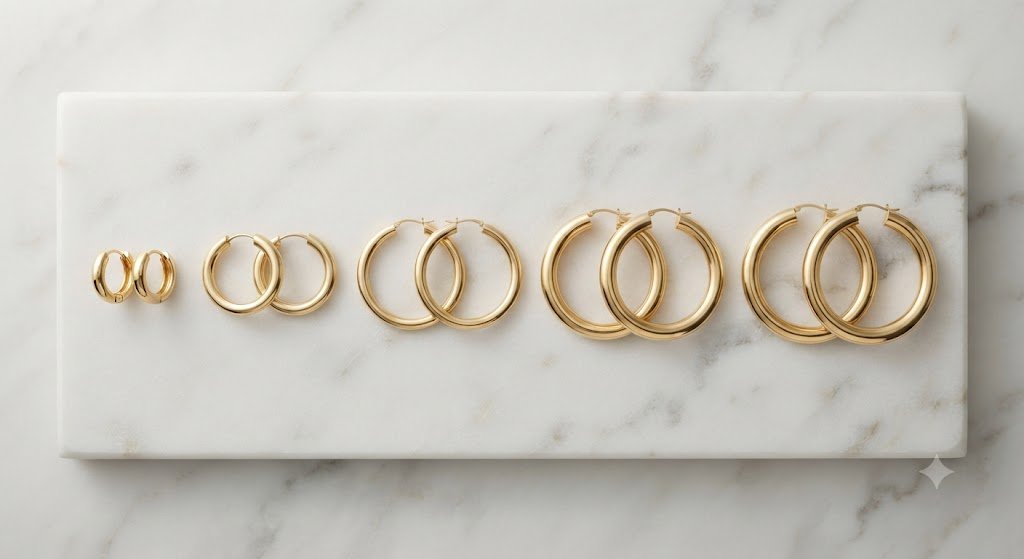Assorted gold hoop earrings of different sizes
